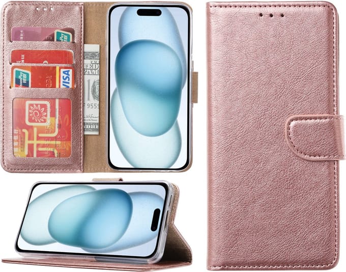 Hoesje geschikt voor iPhone 15 Plus - Bookcase - Pasjeshouder - Kunstleer - Roségoud