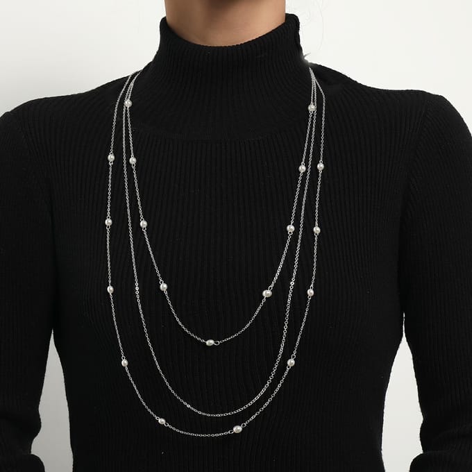 Modieuze Elegante Herfst en winter Imitatie Parel gelaagde Damesketting, geometrische trendy trui ketting ketting brown