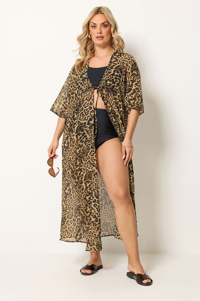 Yours Bruine Kimono Met Luipaardprint En Midaxilengte Size 46