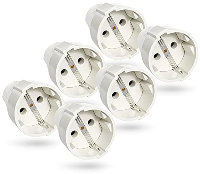 6 Schuko Koppelingen met Trekontlasting - Geaarde PVC Koppeling 230V, 16A, 3,7 kW - IP20 Voor Binnen