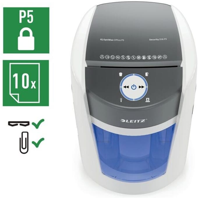 Leitz IQ OptiMax Office papiervernietiger, microdeeltjes snede 2 x 15 mm, P-5, 35 l, 10 vel snijcapaciteit, rotatie technologie, met rollen, wit