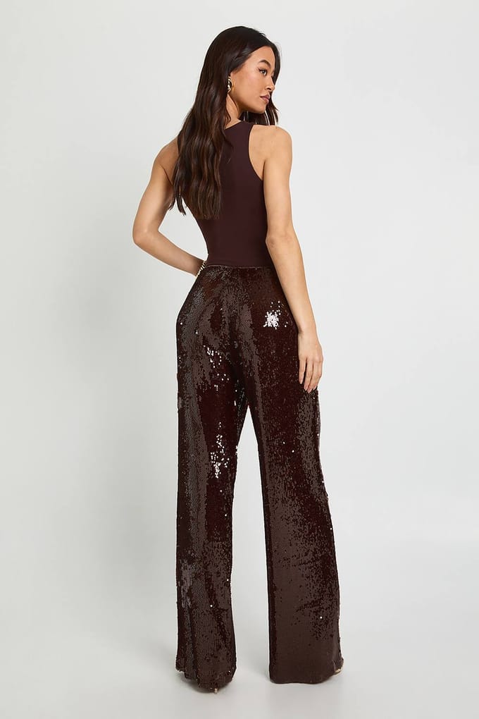 boohoo Dames Tall Lage Taille Trekkoord Tailleband Pailletten Broek | Espresso | Maat: 36