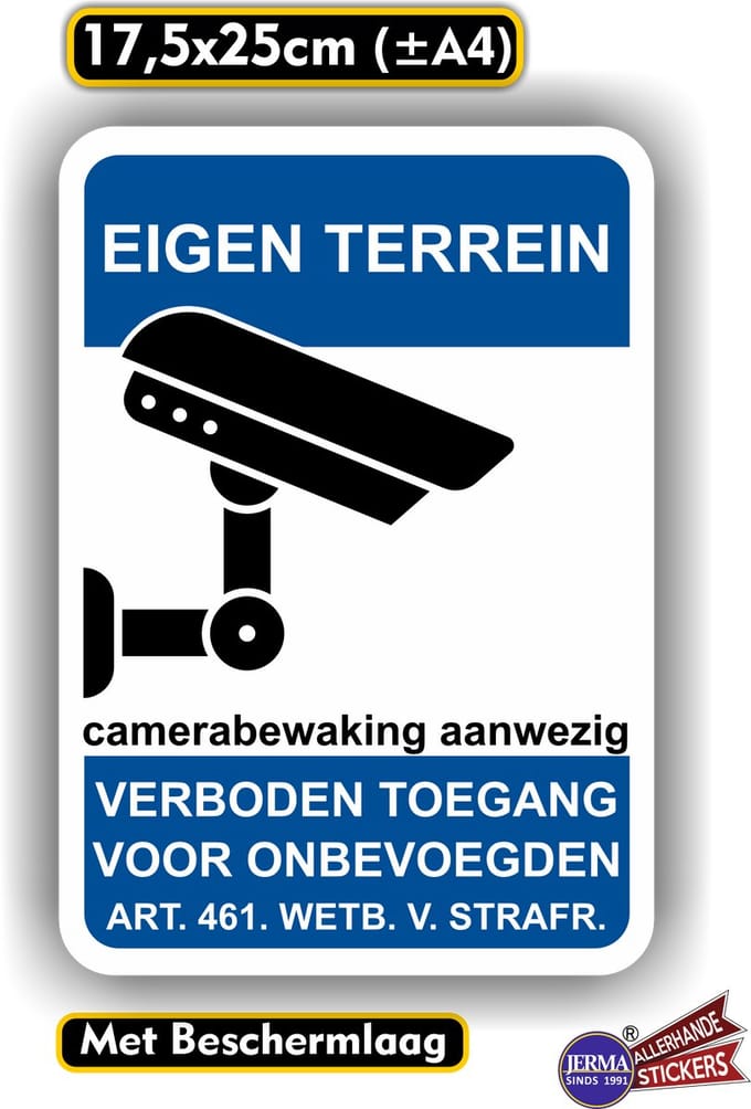 Jerma - Camerabewaking - sticker – Eigen Terrein - 17.5 x 25 cm - Weerbestendig - Zelfklevend - Vinyl
