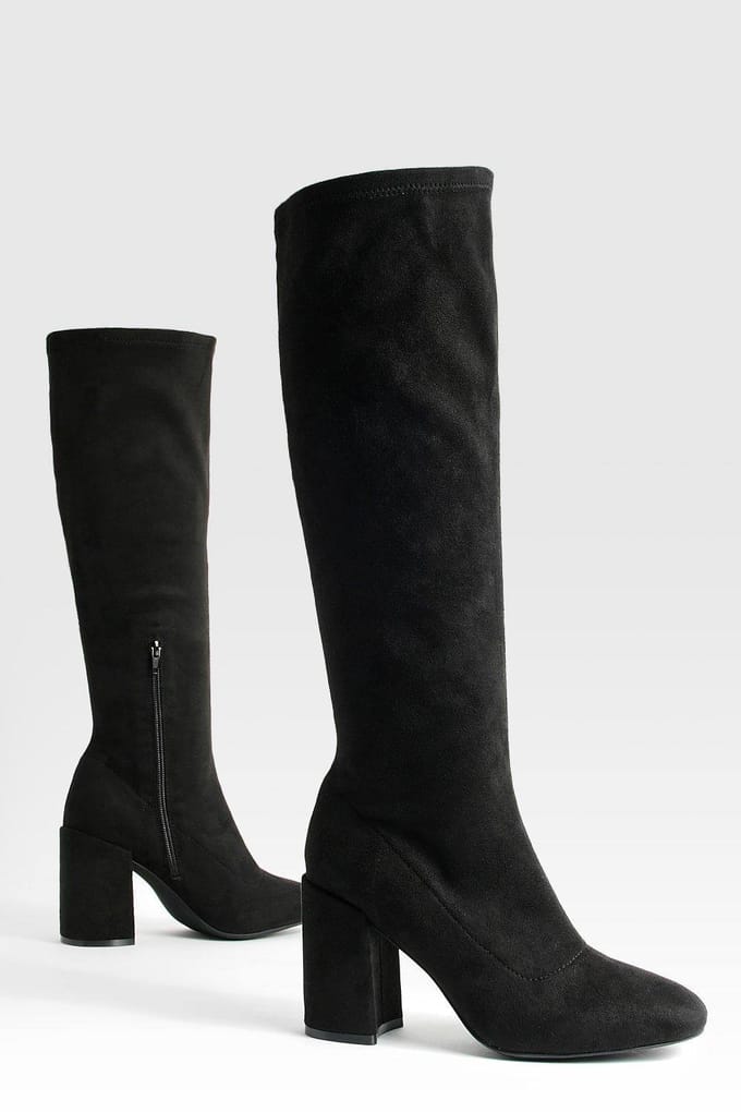boohoo Dames Wide Fit Stretch Kniehoge Laarzen | Black | Maat: 3