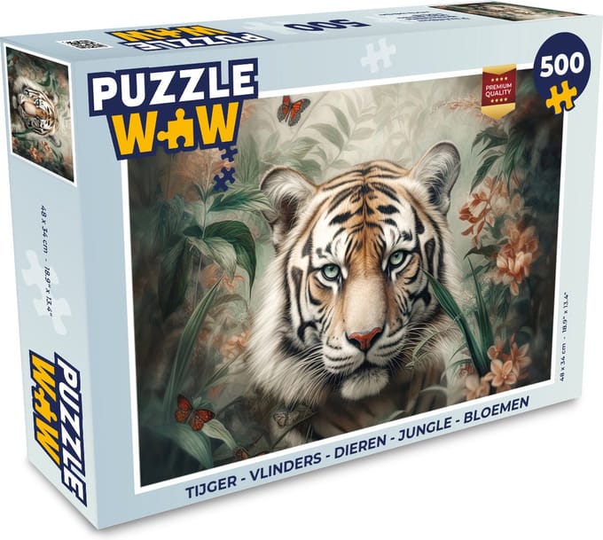 Puzzel Tijger - Vlinders - Dieren - Jungle - Bloemen - Legpuzzel - Puzzel 500 stukjes