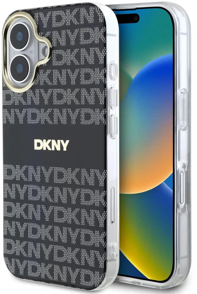 DKNY – Backcover iPhone 16 – PU Leather Repeat Pattern Tonal Stripe - Magsafe - Zwart