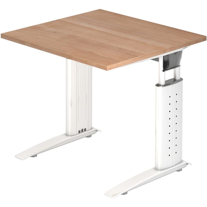 Bureautafel TARVIS, C-poot, vierkant, B 800 mm, onderstel wit, in hoogte verstelbaar, notenboom