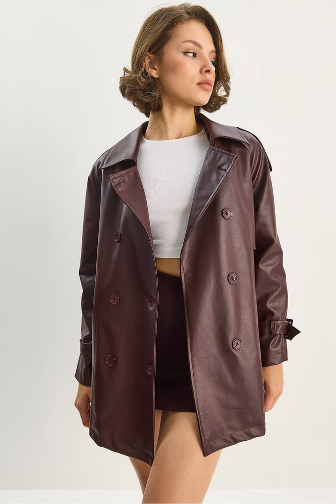 Dubbelgevoerde Faux Leren Trenchcoat