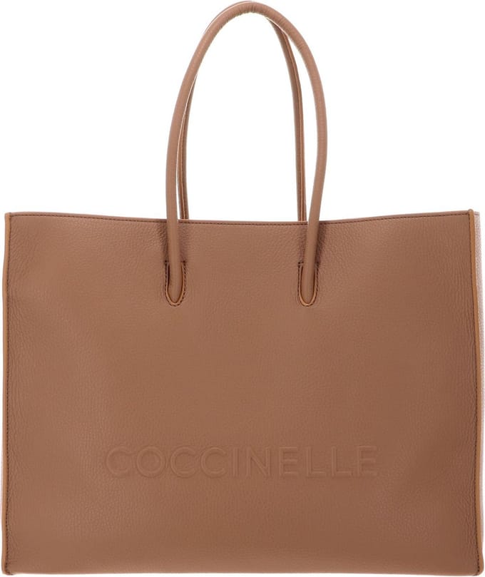 COCCINELLE Leren Schoudertas Maxi Log Handbag Grained Leather Skin Lichtbruin