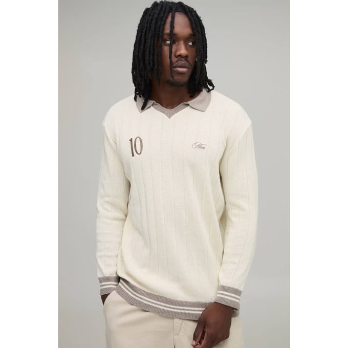 Lange Regular Fit Geribbelde Gebreide Polo Met V-hals | Ecru | Size 2XL