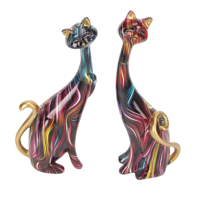 2 Stuks Olieverf Kat Beelden Abstract Paar Hars Kat Beeldjes Kat Sculptuur voor Slaapkamer Kantoor black