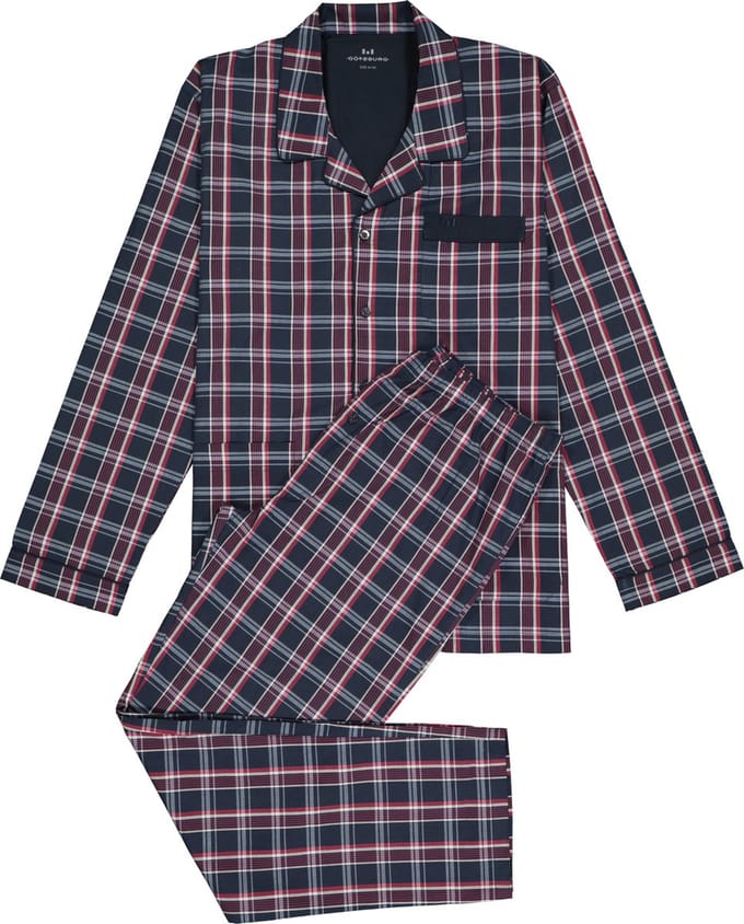 Gotzburg heren pyjama met knopen - geweven heren pyjama niet elastisch - blauw met rood en wit geruit