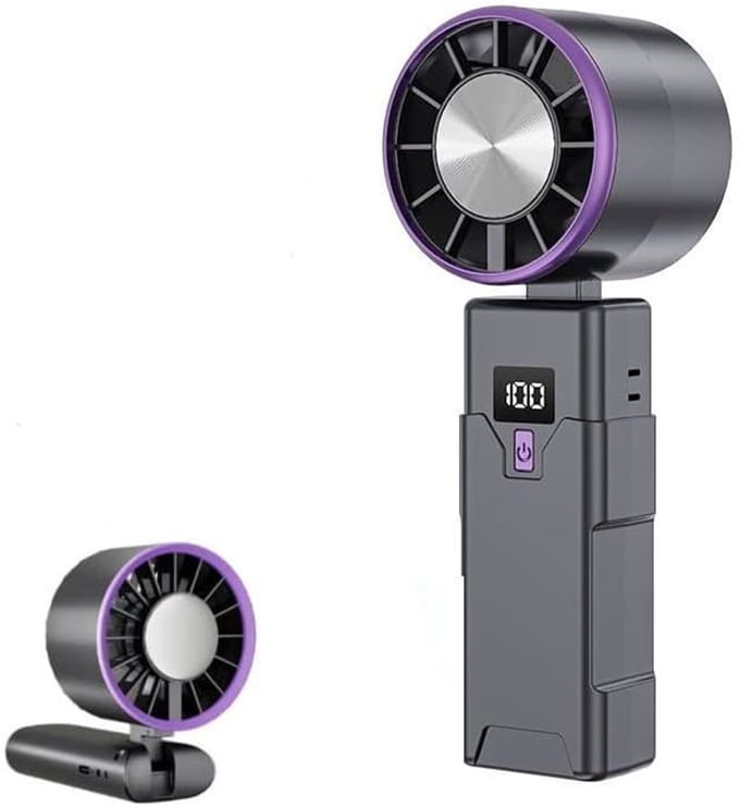Oplaadbare draagbare ventilator, 5 windsnelheden, LED-digitaal display, inklapbare voet, lange batterijduur, Type-C-aansluiting, grijs.