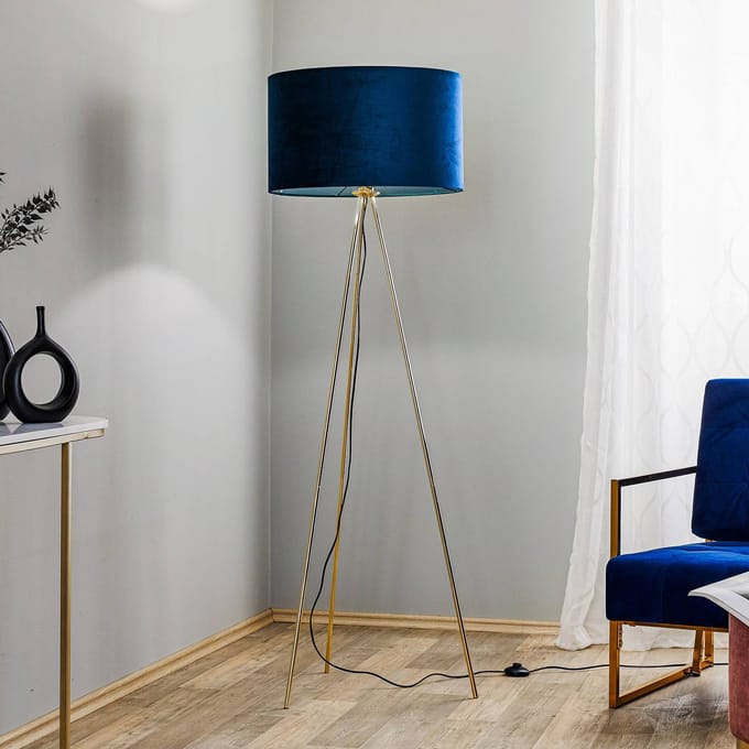 Domiluce Vloerlamp Monaco, driepoot goud, blauw fluweel