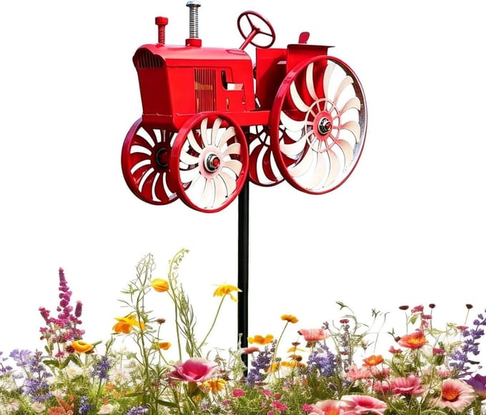 Windspinner Tractor - Tuindecoratie Buiten - Tuin Verfraaien - Breeze Activated - 68 cm Hoog - Rood