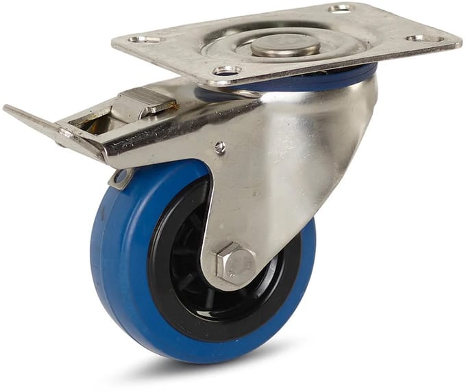 Elastisch rubber RVS zwenkwiel geremd met topplaat - 80mm - 80kg