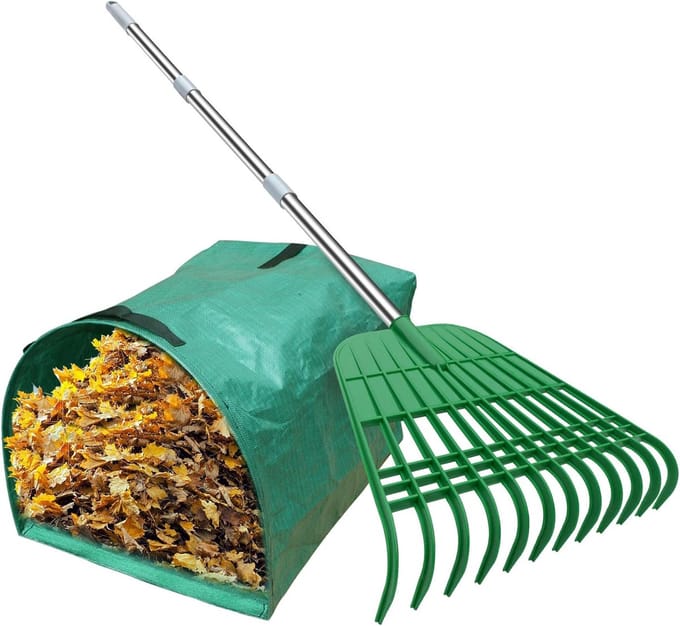 Bladhark - Tuingereedschap Hark - Bladeren Verzamelen - Afneembaar Handvat - 144cm Lengte - Groen