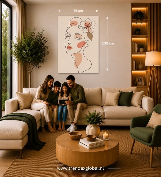 Canvas Schilderij - Line Art - Vrouw met Bloemen - 75x100 cm