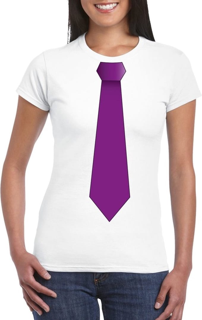 Carnaval verkleed t-shirt - met paarse stropdas - wit - dames - korte mouwen M