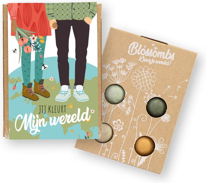 Blossombs - Giftbox Mini 4st - Jij kleurt mijn wereld - Geschenkverpakking Hand in Hand Wereld - Duurzaam