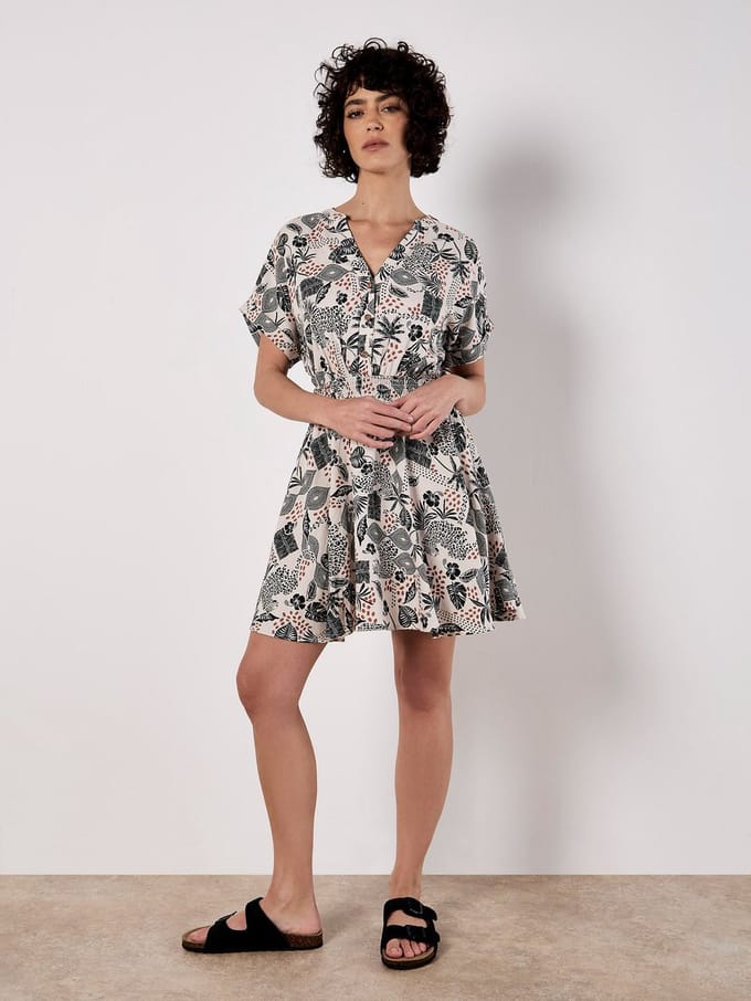Mini-jurk van linnenmix met tropische print