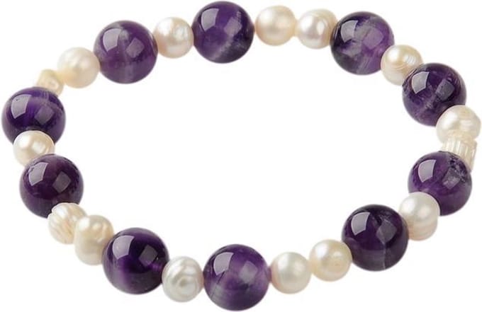 Zoetwaterparel en edelstenen armband Pearl Amethyst - echte parels - amethist - wit - paars - elastisch - sieraden zakje