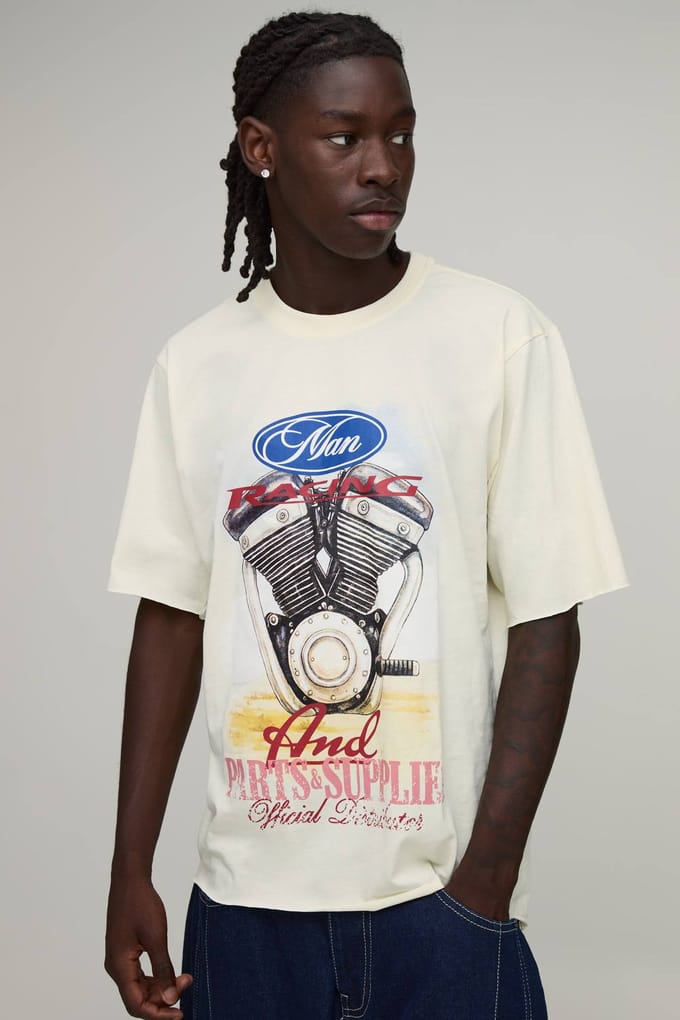 Lang Regular Fit Auto Motor Grafisch Gewassen T-shirt | Ecru | Size Medium