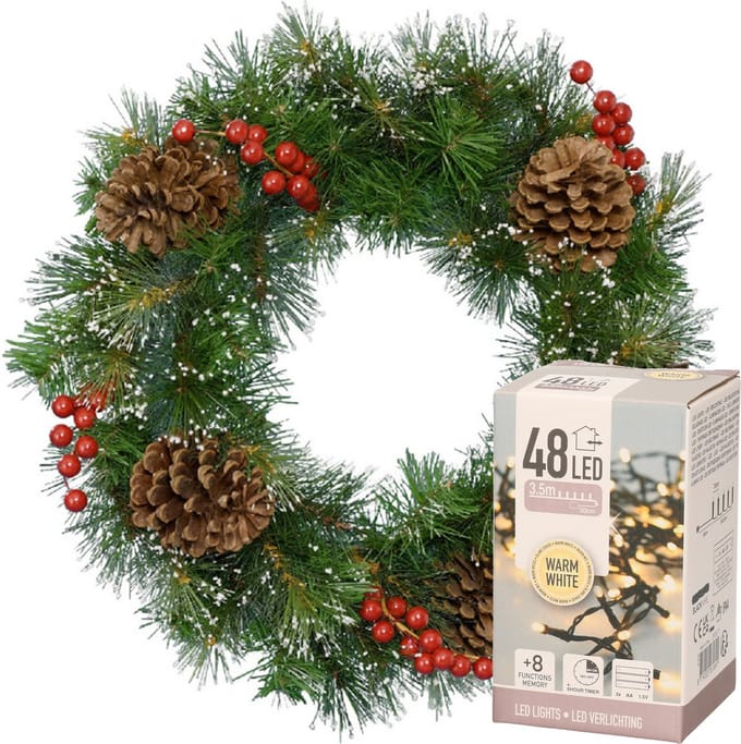 Decoris Kerstkrans 50 cm - sneeuw - verlichting warm wit - 48 lampjes - 4 meter snoer