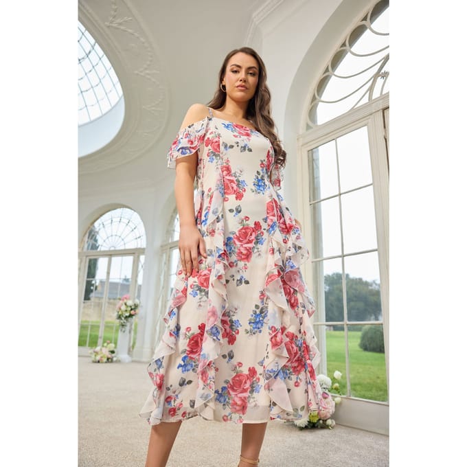 Yours London Witte Jurk Met Bloemenprint En Ruches Size 48
