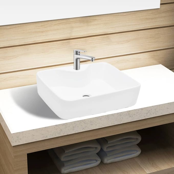 vidaXL - Wastafel - met - kraangat - wit - vierkant - keramiek