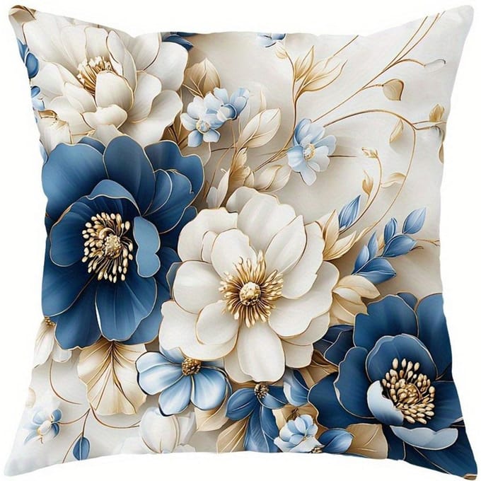 Bleu Blanc Or Floral Motif Luxe Léger Décoration Intérieure Housse de Coussin Salon Canapé Polyester Housse de Coussin avec Fermeture Éclair 50x50cm