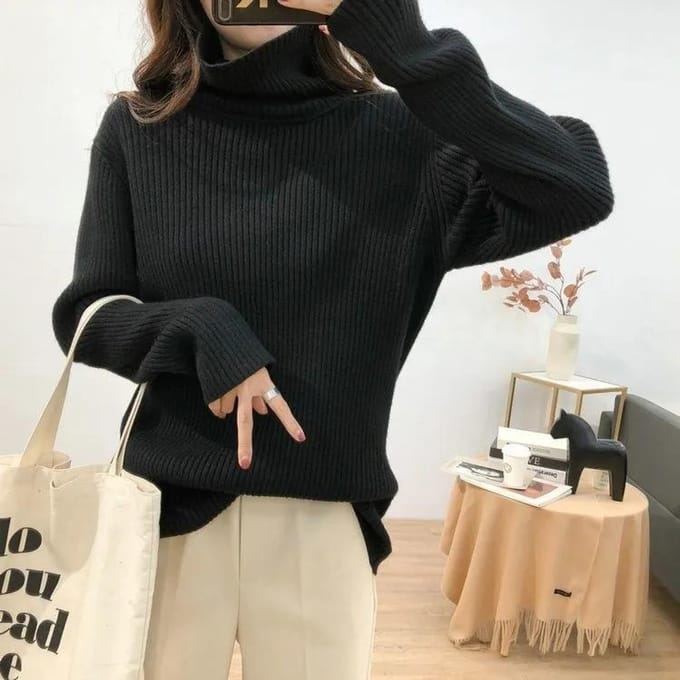 Pulls à col roulé pour femmes, pulls tricotés amples à manches longues, solides, simples, décontractés, chemises de bureau pour dames XXL noir
