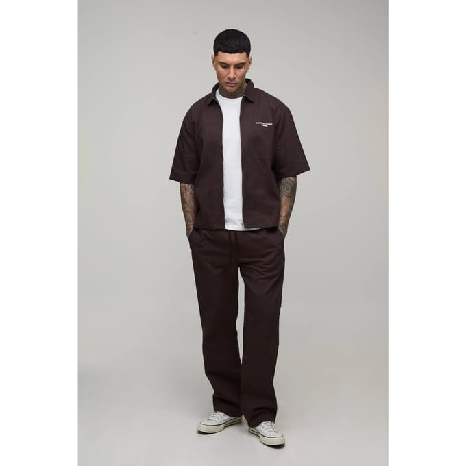 Lange Oversized Shirt Met Ritssluiting En Geborduurd Twill Met Bijpassende Relaxed Broek Set | Chocolate | Size Large