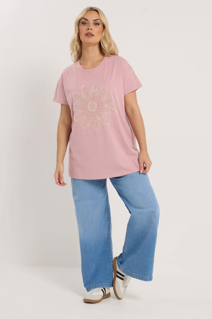 Yours Roze Tshirt Met Kralen En Madeliefjes Size 48
