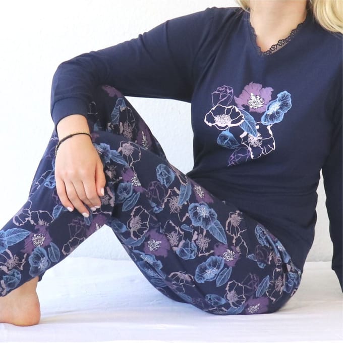 Medaillon Dames Pyjama - Bloemenprint - Blauw - Maat S
