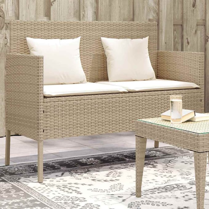 vidaXL - Tuinbank - met - kussens - poly - rattan - beige