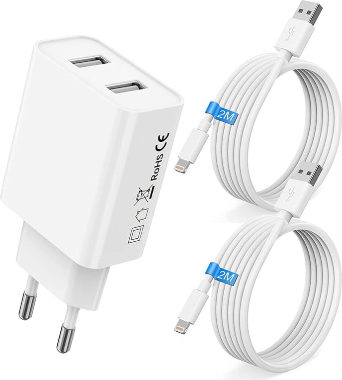 Lader geschikt voor iPhone / iPad / AirPods - Lightning naar usb Kabel - 2 Meter - Usb Stekker 2 Poorten Set - Usb Adapter