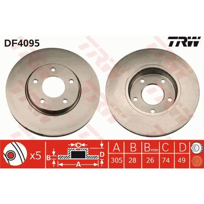 Remschijf TRW DF4095 voorkant, geventileerd, sterk gecarboniseerd, 1 Stuk