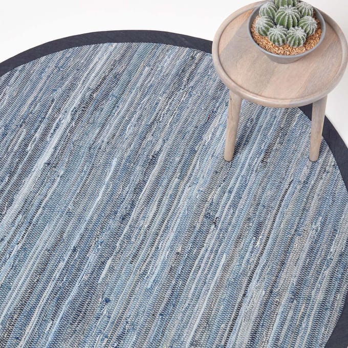 Homescapes Rond denim patchwork vloerkleed, blauw gestreept, 150 cm – handgeweven vloerkleed van gerecycled denim