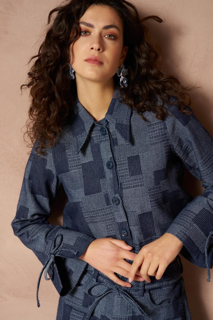 Lofty Manner Blouse Blouse Ilja Patchwork Straight Ri05 Mid Blue Dames Maat - XS