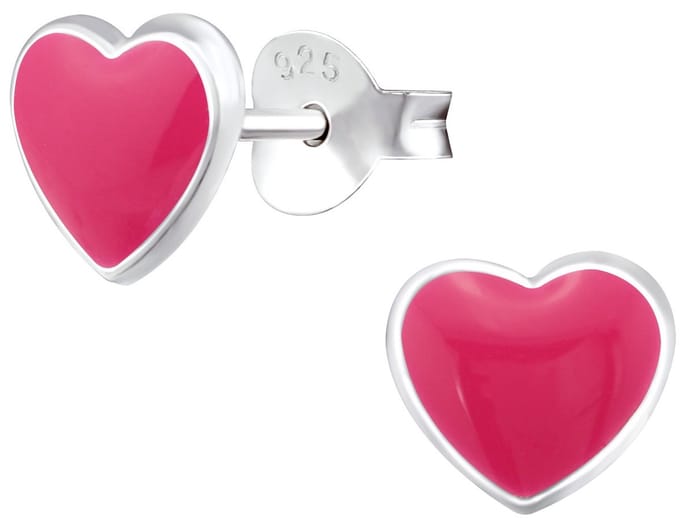 Joy|S - Zilveren hartje oorbellen - 7 mm - (donker) roze / rood