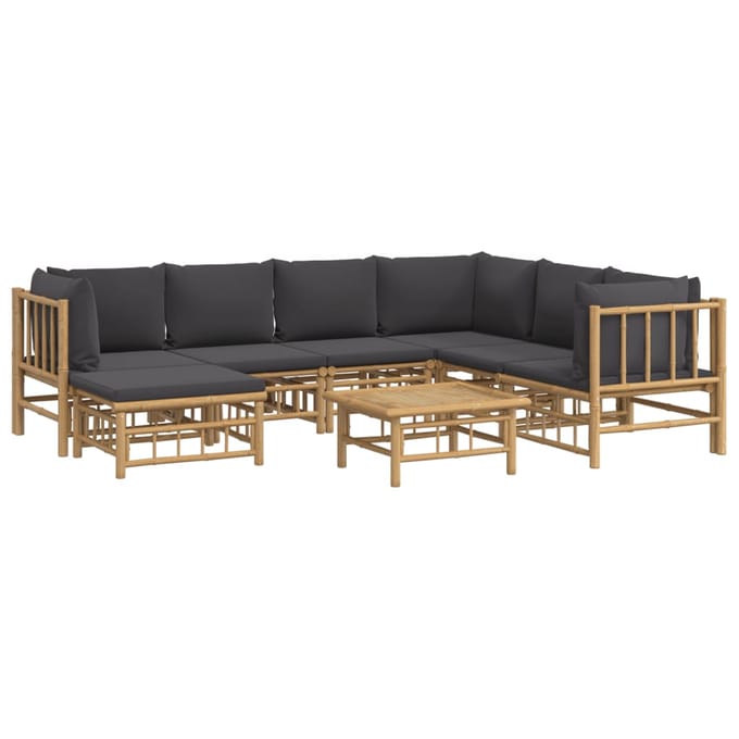 vidaXL - 8-delige - Loungeset - met - kussens - bamboe - donkergrijs