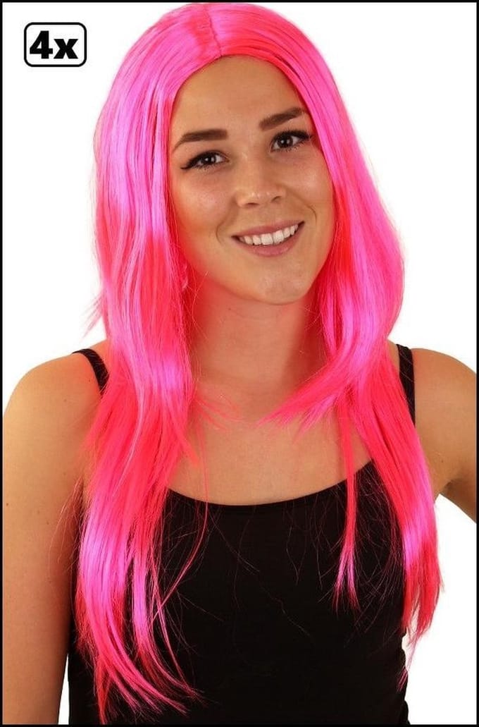 4x Pruik standaard lang pink