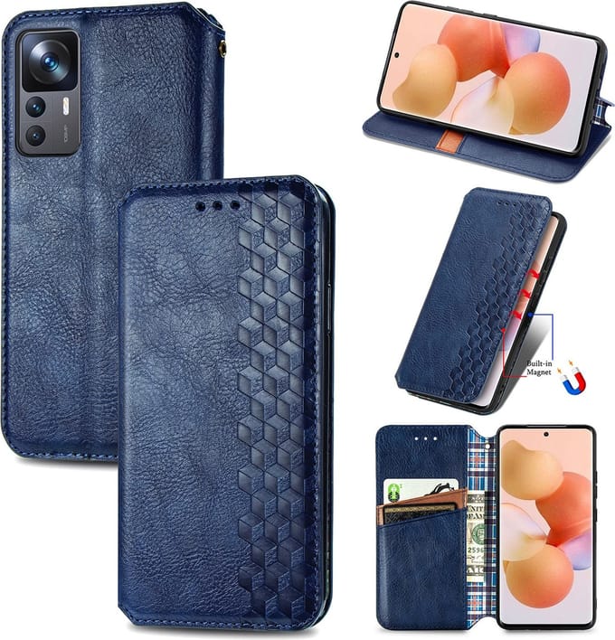 Luxe PU Lederen Ruitpatroon Wallet Case + PMMA Screenprotector voor Xiaomi 12T / 12T Pro _ Blauw