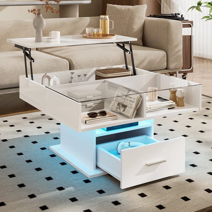 REDOM Multifunctionele hoogglans lift-salontafel met LED, verstelbaar tot 59,5 cm, opbergruimte, wit