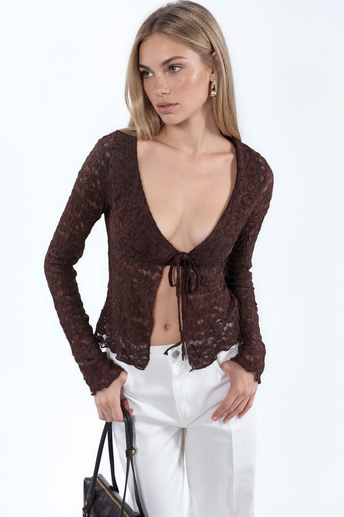Dameskant geweven jacket met striksluiting