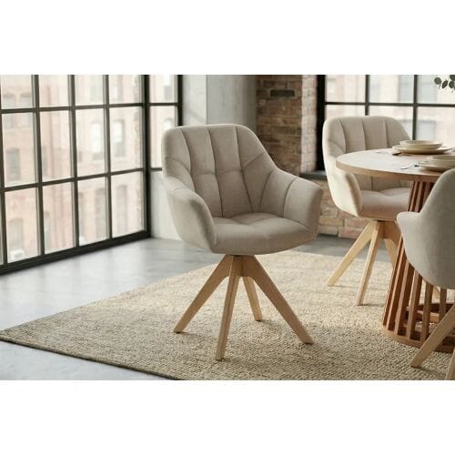 draaibare stoel beige velvet houten poten