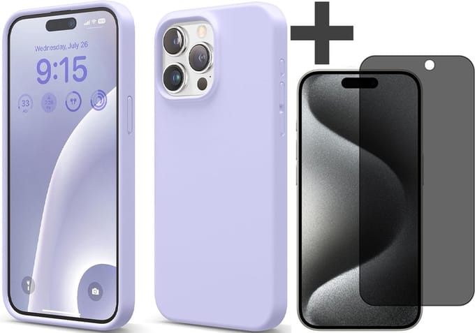 Hoesje met Privacy Screenprotector Geschikt voor iPhone 15 Pro Max Hoesje Siliconen - liquid case - Arara Backcover - Lila