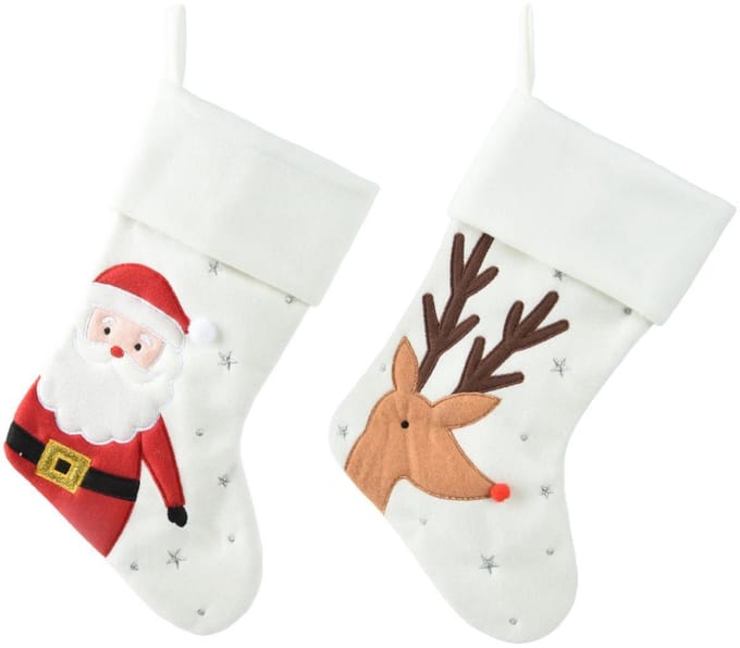 Decoris kerstsok wit met print - kerstdecoratie 40x25cm polyester.