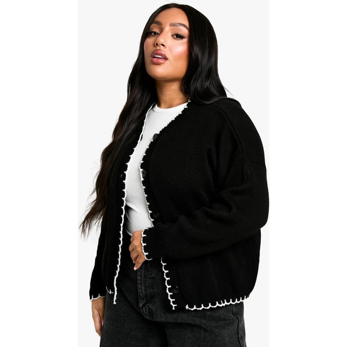boohoo Dames Plus Blanket Stitch gebreide crop cardigan | Zwart | Maat: 52